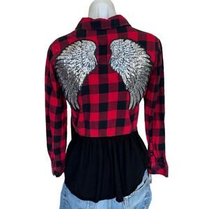 Angel Wing Plaid Flannel Shirt Ruffle XS Fitted  Unique Silver Sequin Red Black